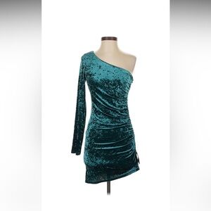 Lulu's Teal Velvet One-Shoulder Dress